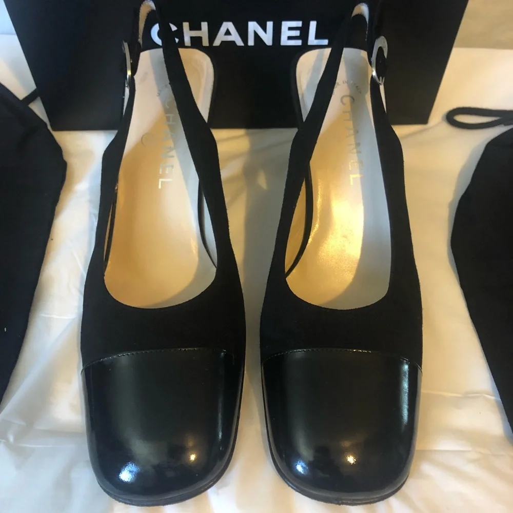 Chanel Cambon sling backs black suede with black patent toe EUC box & 2 dust bag - Picture 13 of 14